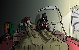 The Grim Reaper relaxes with a book